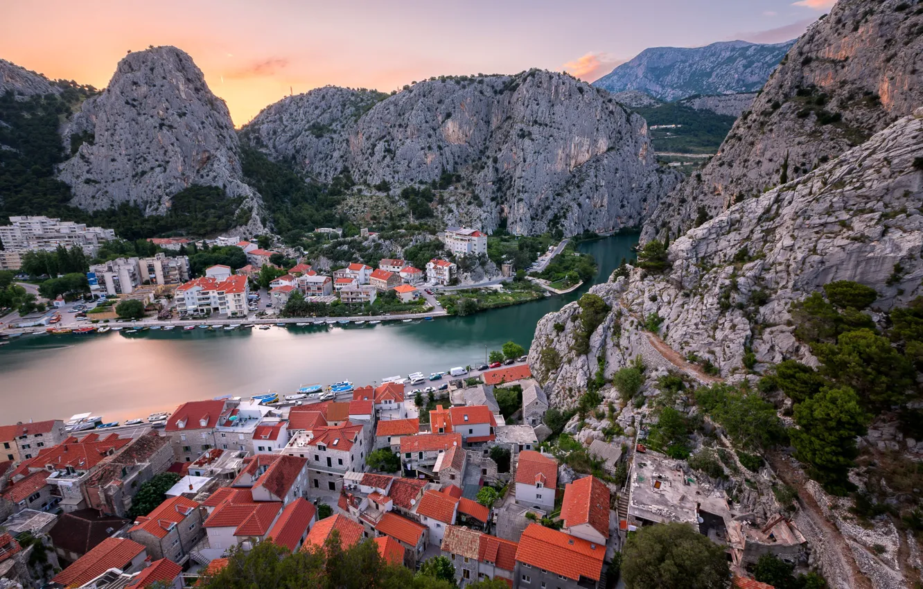 Photo wallpaper landscape, mountains, nature, the city, river, rocks, home, Croatia