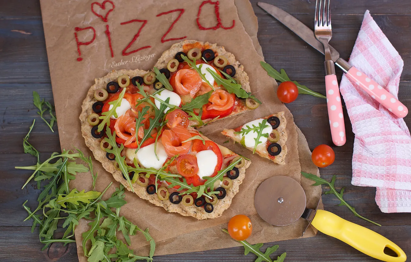 Photo wallpaper cheese, tomatoes, vegetables, heart, olives, pizza