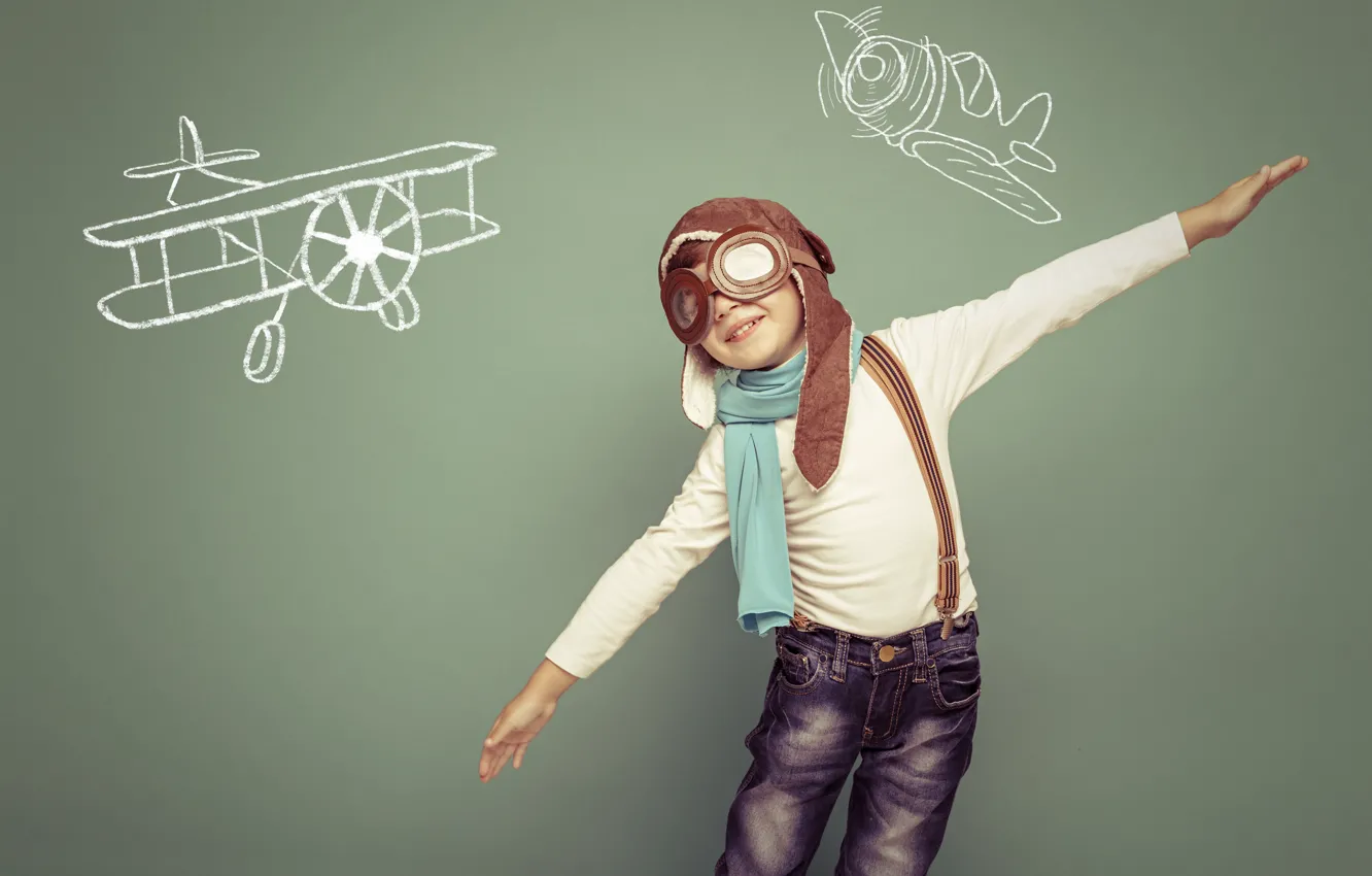 Photo wallpaper dream, children, hat, figure, boy, glasses, the plane, pilot