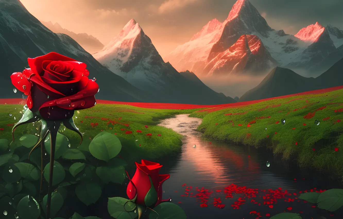 Photo wallpaper fantasy, mountains, snowy, red roses, landscap