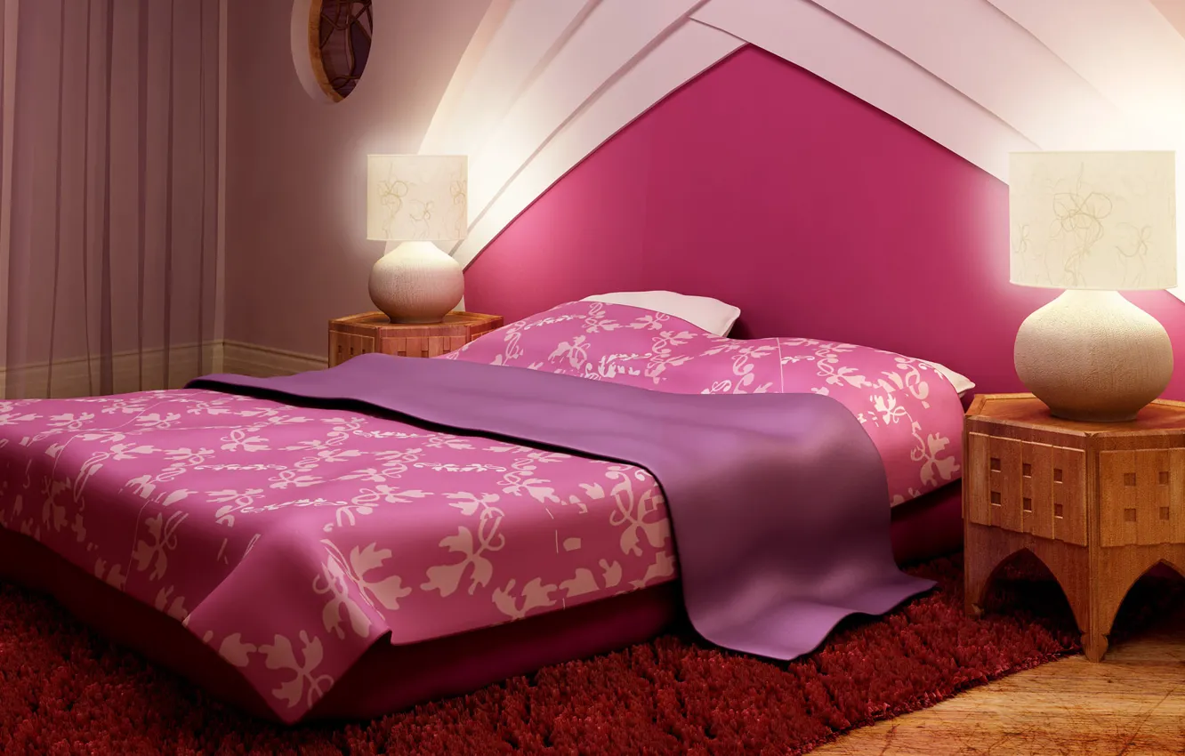 Photo wallpaper design, carpet, linen, lamp, interior, pillow, blanket, pink