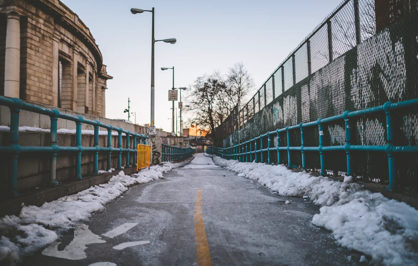 Photo wallpaper winter, the sun, snow, trees, street, construction, city, lampposts