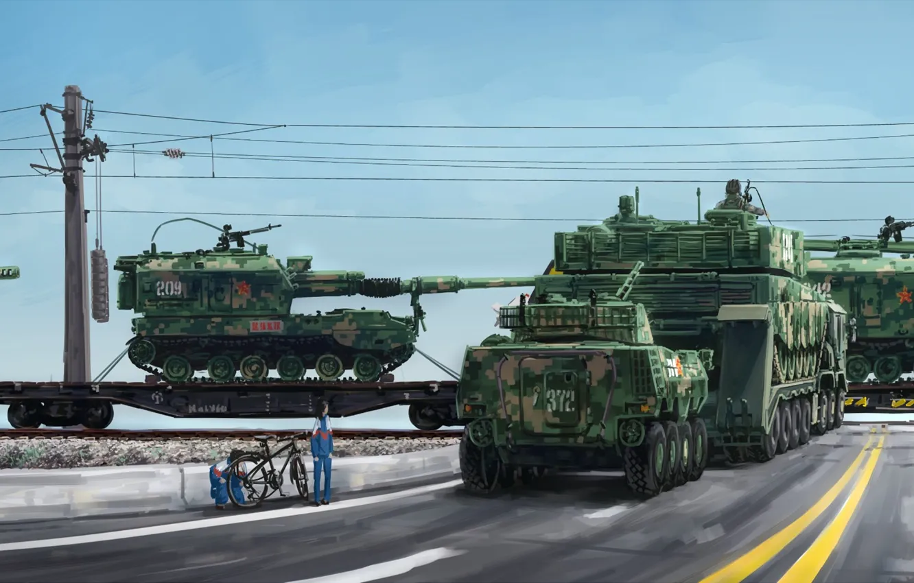 Photo wallpaper China, girl, bicycle, military, weapon, anime, train, asian