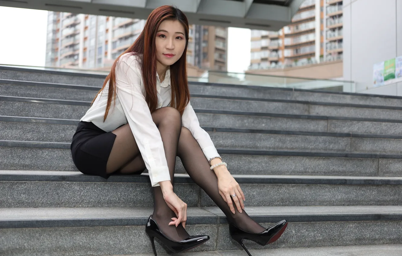 Photo wallpaper Asian, look, asian, pose, asian girls, gesture, Long legs, dark stockings