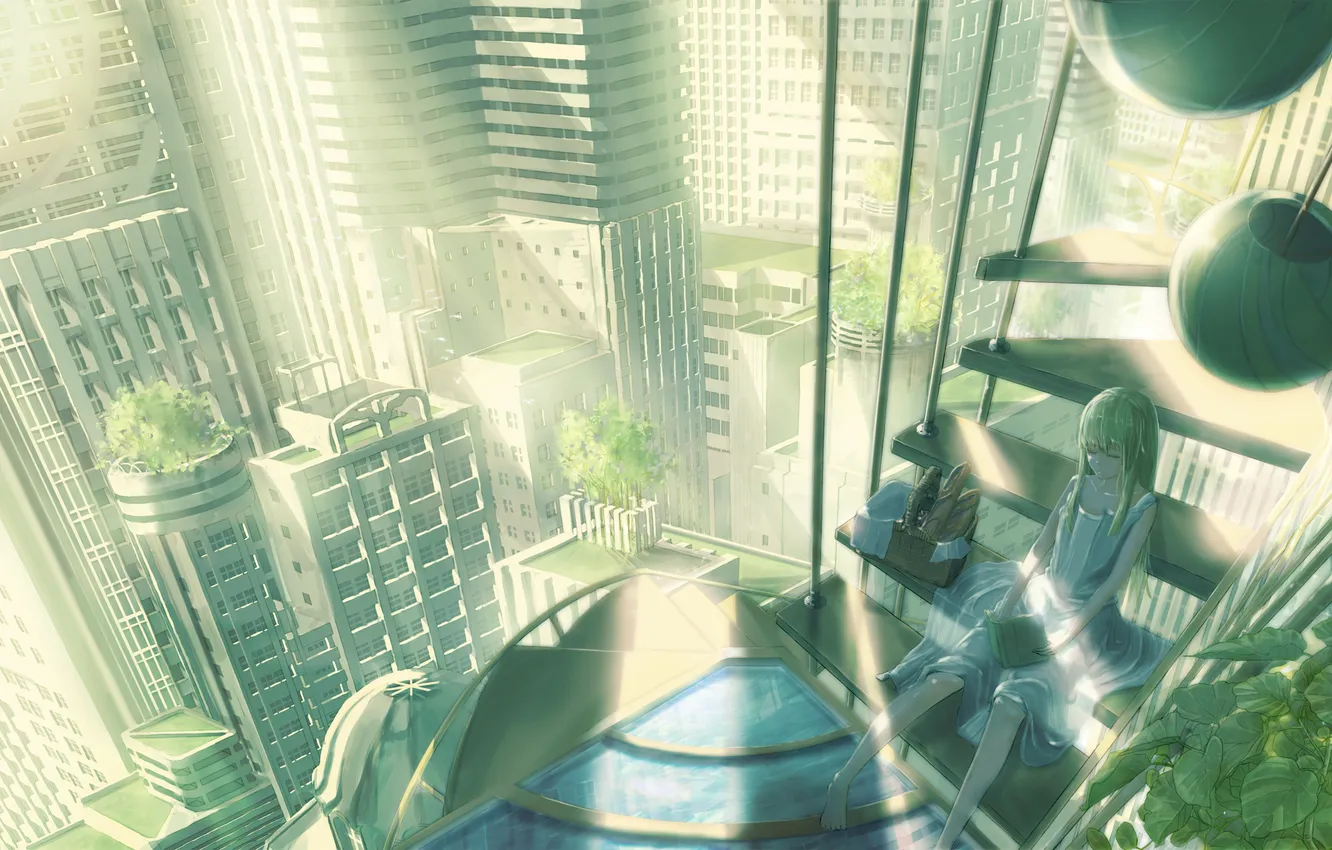 Photo wallpaper girl, the city, basket, food, art, ladder, book, rery rr23