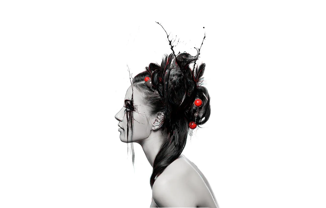Photo wallpaper white, eyes, face, background, divorce, hairstyle, profile, Raven