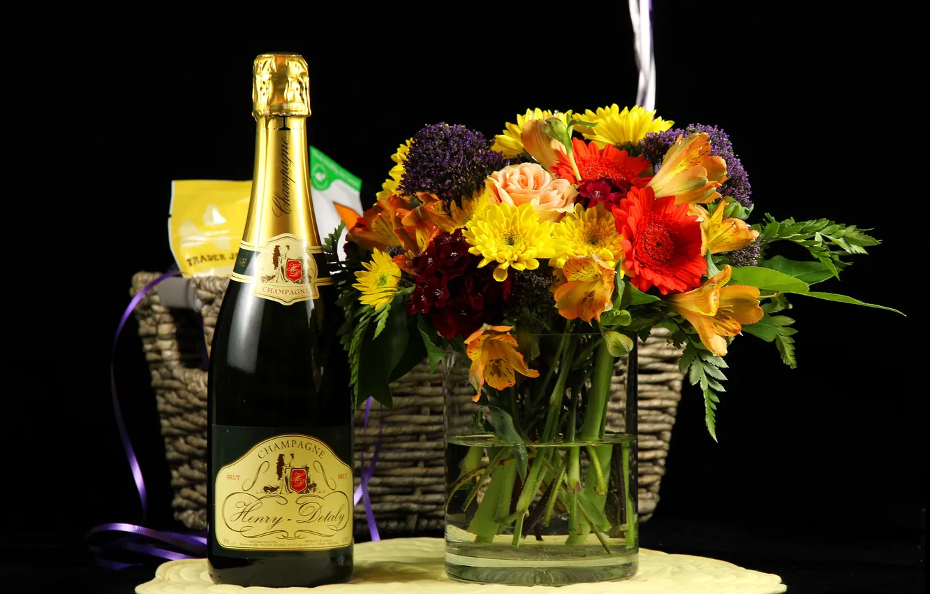 Photo wallpaper bottle, bouquet, vase, black background, champagne, basket, gerbera, chrysanthemum