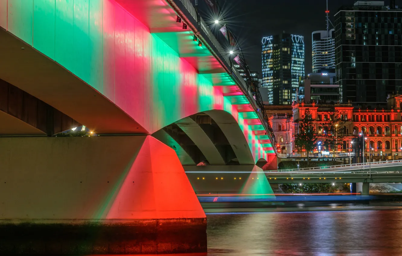 Photo wallpaper Bridge, Night, The city, River, Brisbane, City Pasig