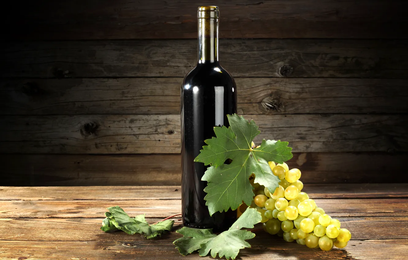 Photo wallpaper leaves, table, background, wall, wine, Board, bottle, grapes