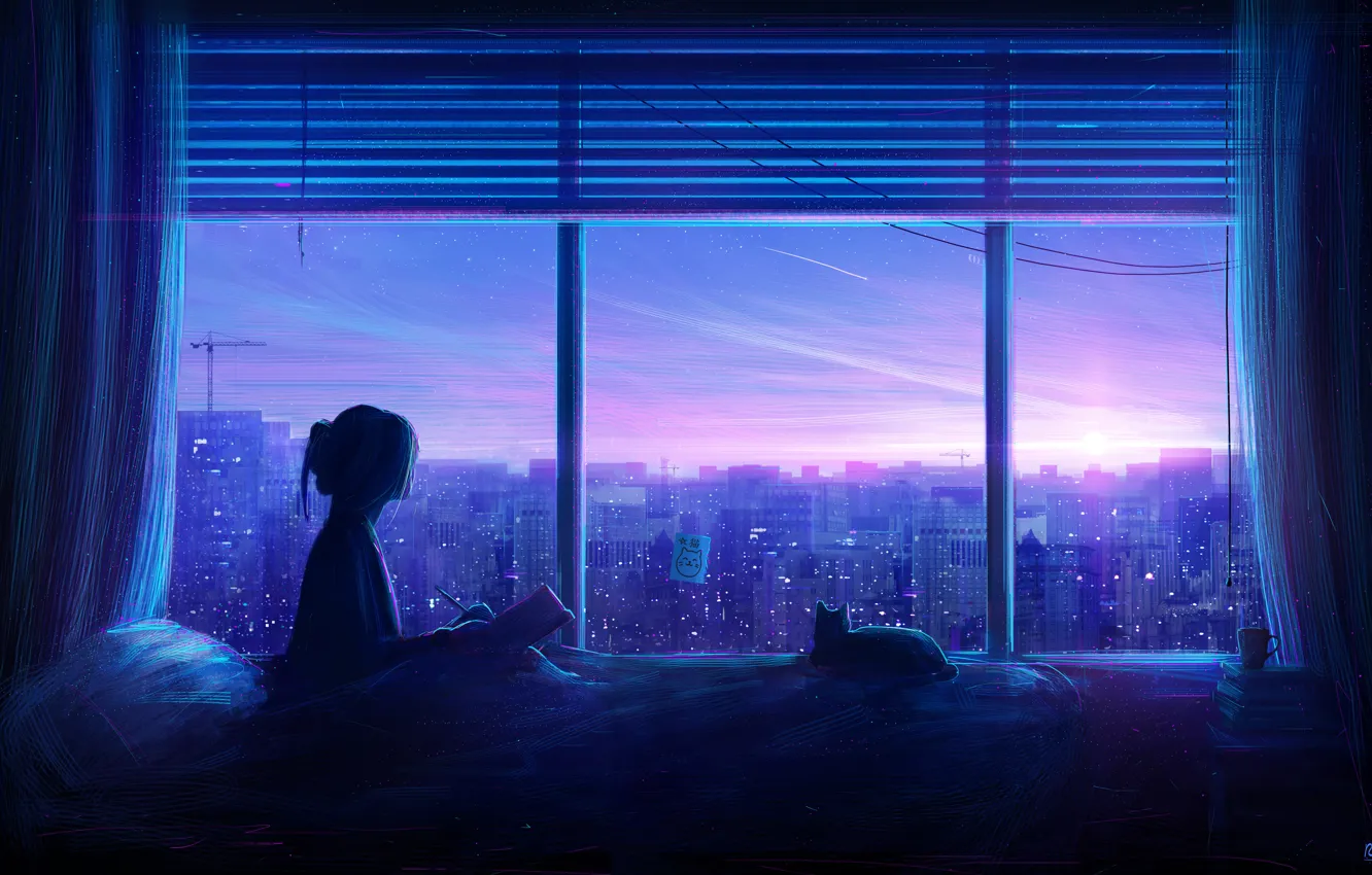 Photo wallpaper cat, girl, the city, interior, twilight, by RicoDZ