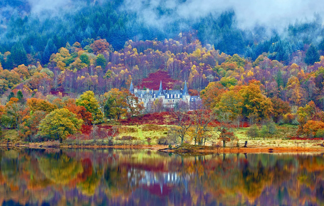 Photo wallpaper autumn, trees, Scotland, Castle, Trossachs National Park, Scotlan, picturesque landscape, Trossachs National Park