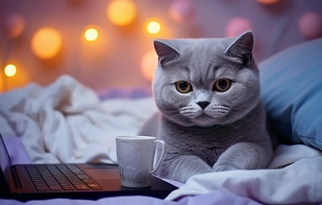 Photo wallpaper cat, cat, look, pose, grey, mug, bed, laptop