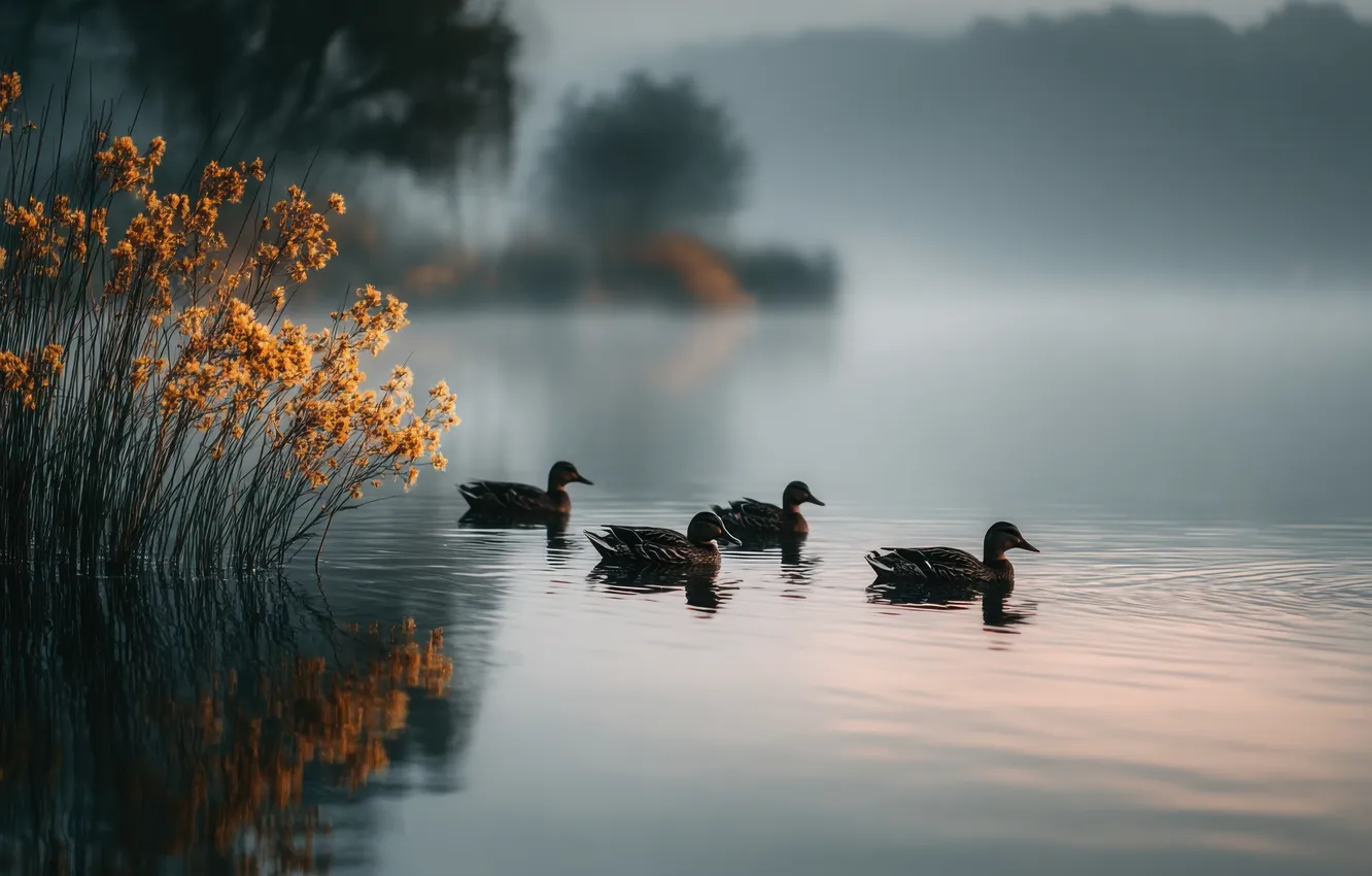 Photo wallpaper fog, lake, bird, shore, duck, morning, haze, the bushes