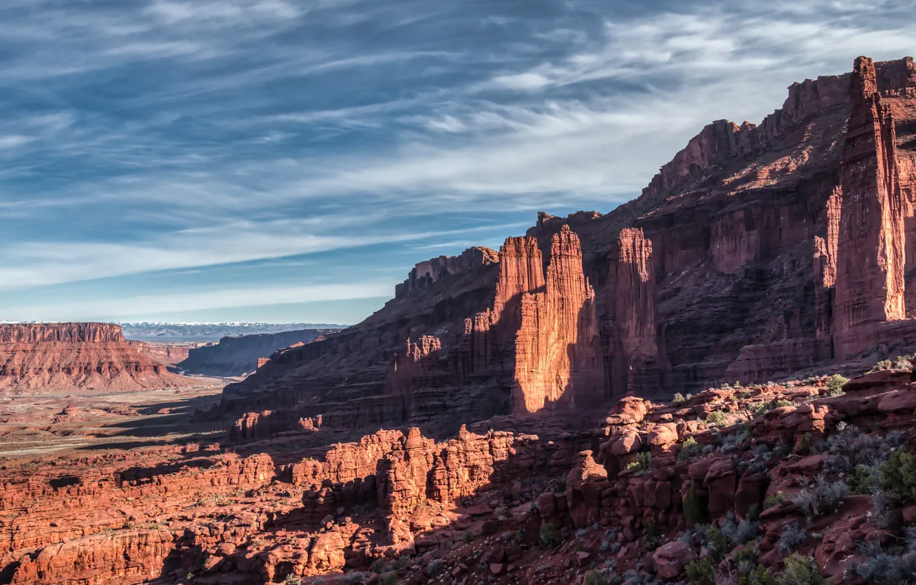 Photo wallpaper the sky, clouds, light, mountains, nature, blue, stones, rocks