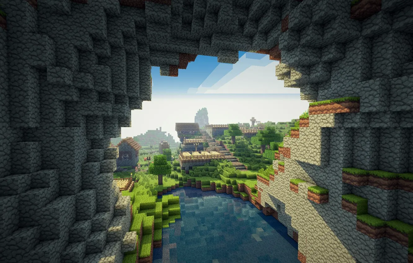 Photo wallpaper clouds, trees, mountains, lake, plain, village, minecraft