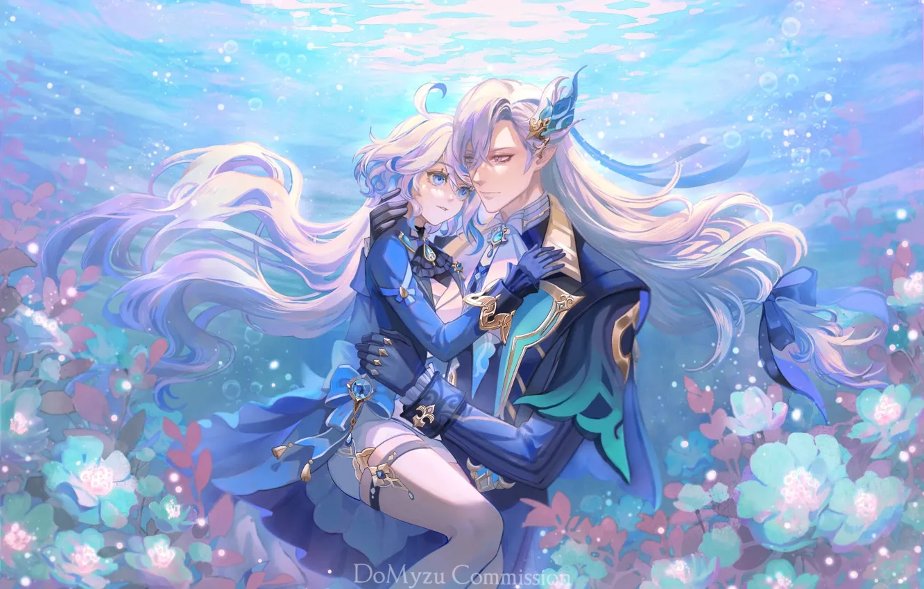 Photo wallpaper girl, flowers, guy, under water, Genshin Impact, Krishna, Neuvillette