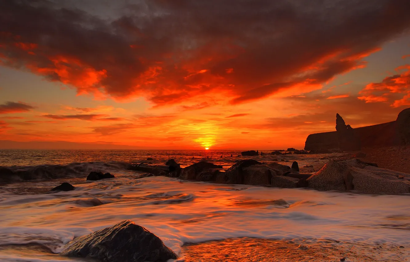 Photo wallpaper wave, beach, the sky, the sun, clouds, stones