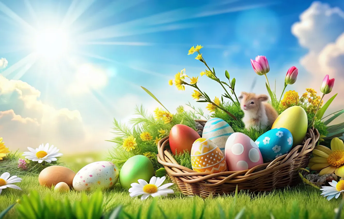 Photo wallpaper flowers, eggs, spring, colorful, Easter, flowers, spring, Easter