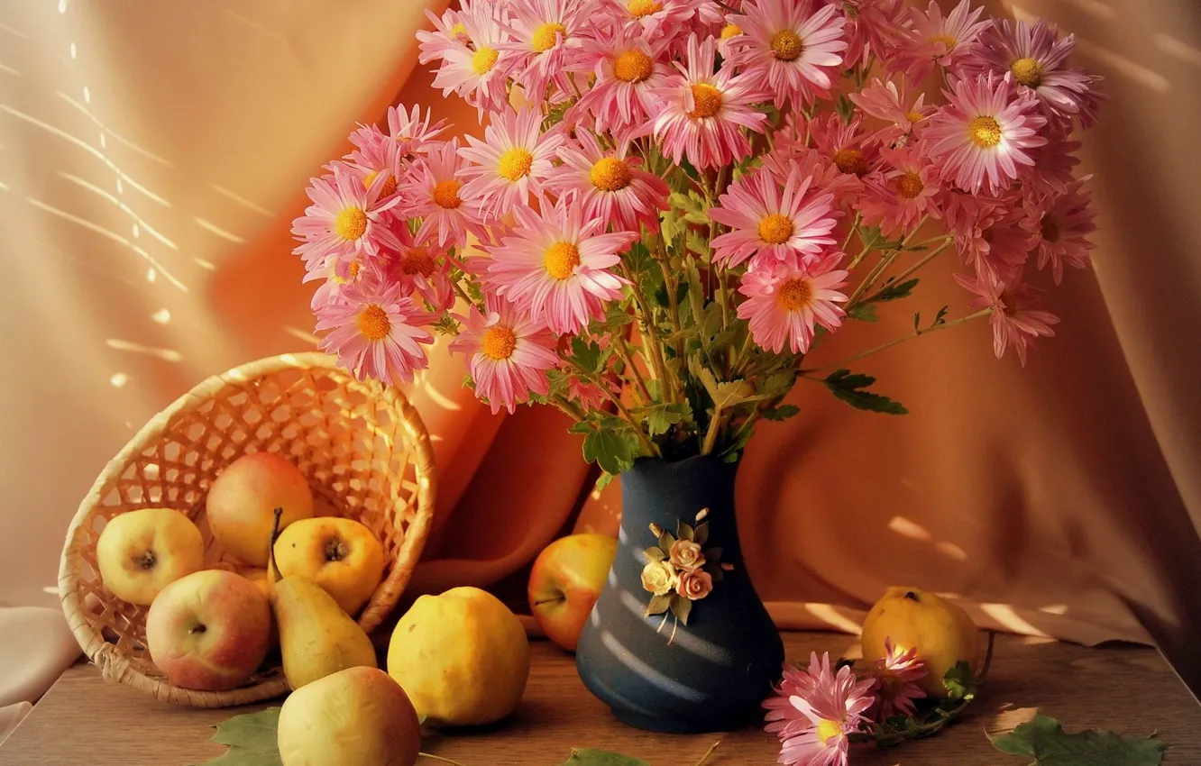 Photo wallpaper flowers, basket, apples, vase, fruit