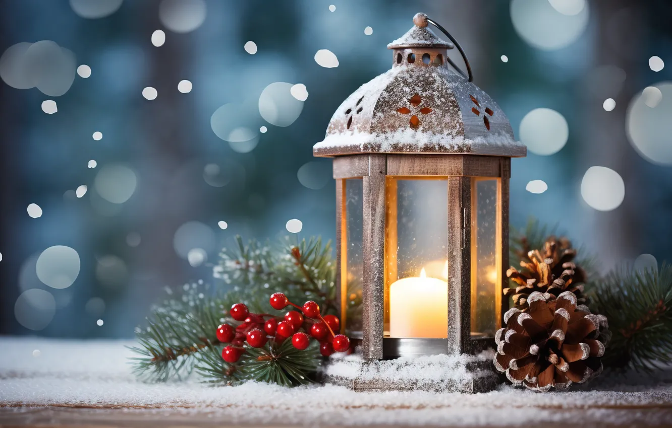 Photo wallpaper winter, snow, decoration, night, new year, Christmas, lights, light