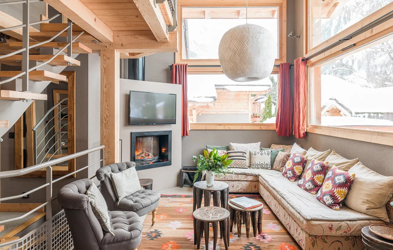 Photo wallpaper design, style, interior, Alps, fireplace, living room, Chalet, Northern Alps Chalet Terre