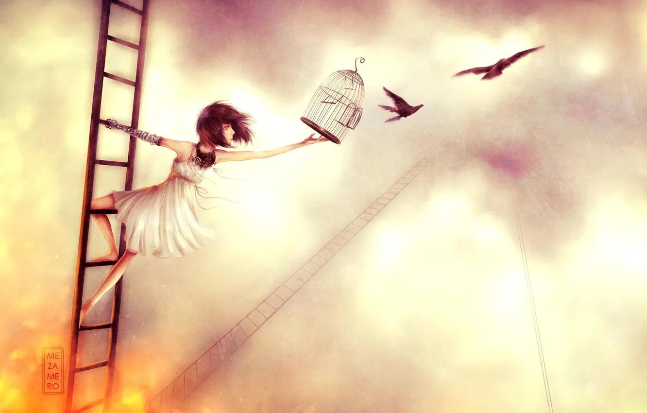 Photo wallpaper freedom, flight, bird, cell, anime, ladder, girl