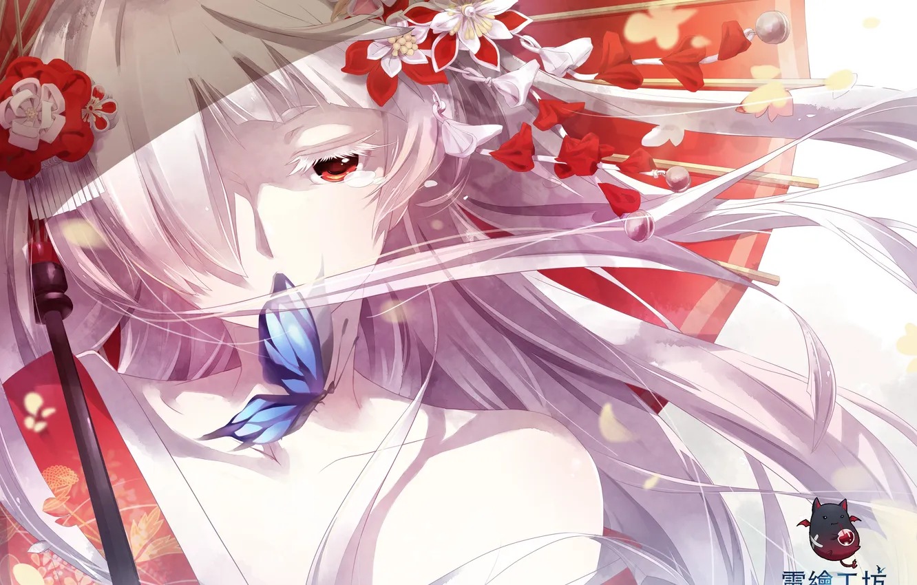 Photo wallpaper girl, flowers, butterfly, umbrella, anime, art, shoufukucho