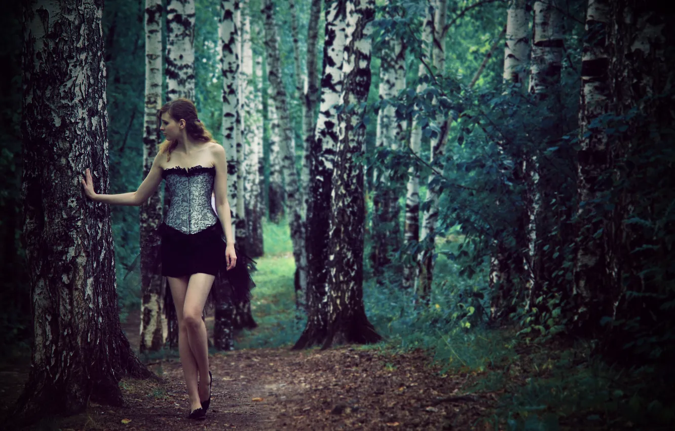 Photo wallpaper field, forest, summer, grass, girl, flowers