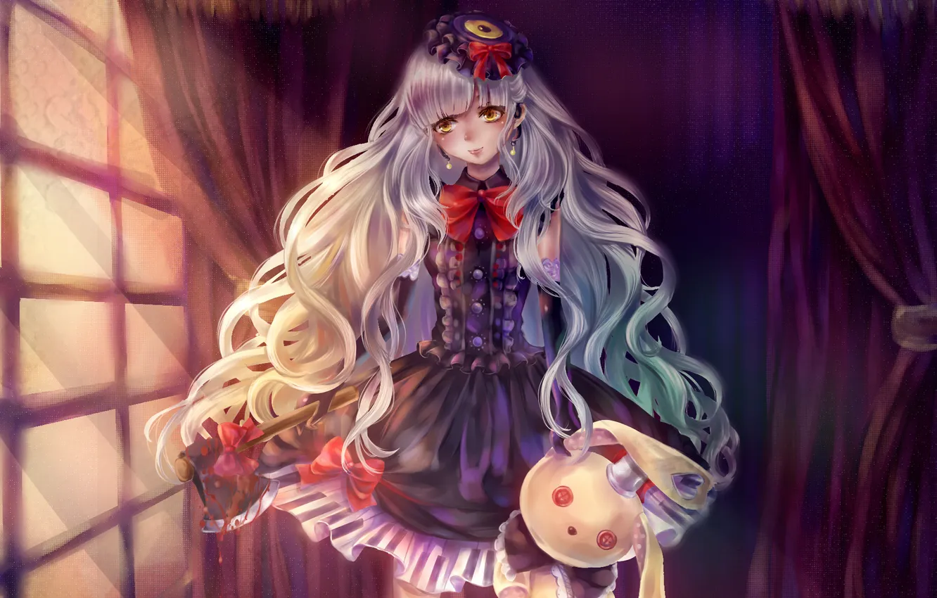 Photo wallpaper girl, rays, blood, hare, window, hat, axe, curtains