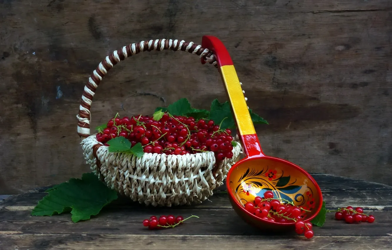 Photo wallpaper basket, currants, red berries, composition