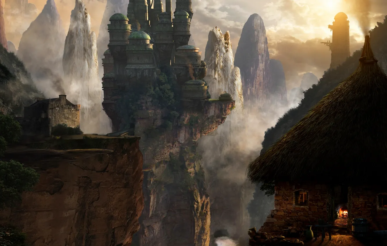 Photo wallpaper sunset, mountains, fog, castle, rocks, fire, waterfall, tower