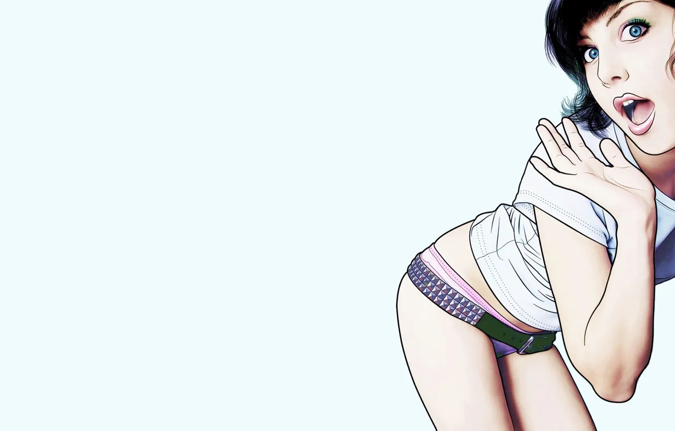 Photo wallpaper eyes, girl, background, blue, t-shirt, lips, strap