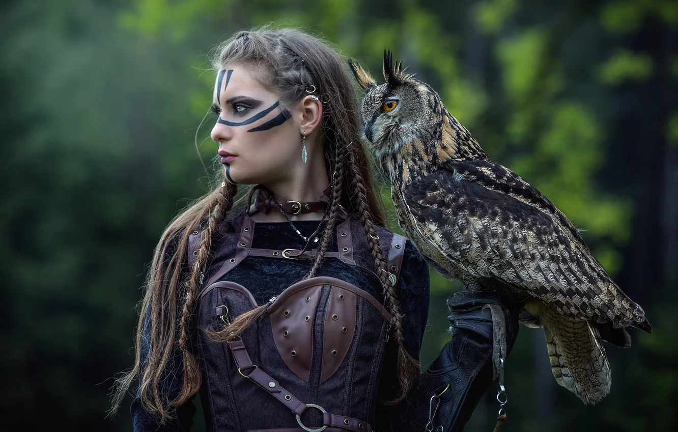 Photo wallpaper look, girl, nature, pose, owl, bird, fantasy, hairstyle