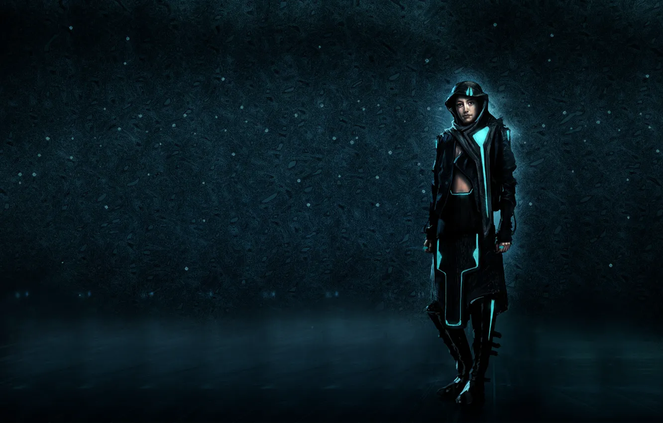 Photo wallpaper girl, glow, costume, hood, the throne, blue background, tron, hoodie