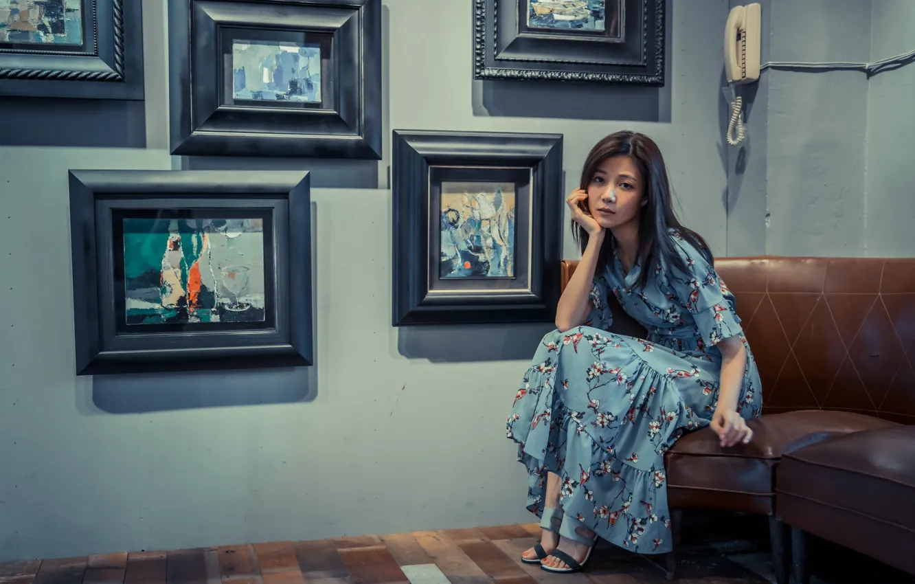 Photo wallpaper girl, room, hair, Asian, sitting, picture