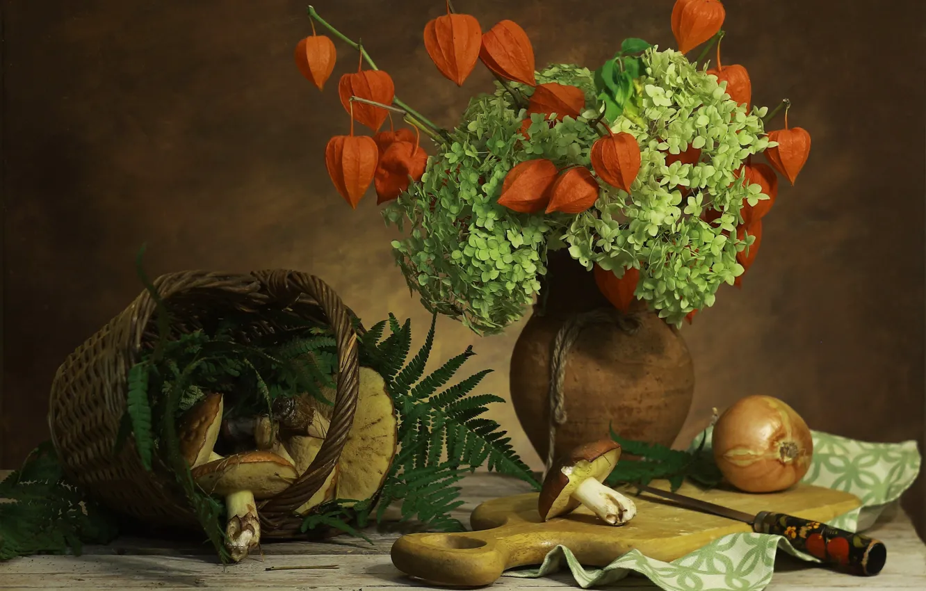 Photo wallpaper flowers, table, mushrooms, Board, food, bouquet, bow, knife