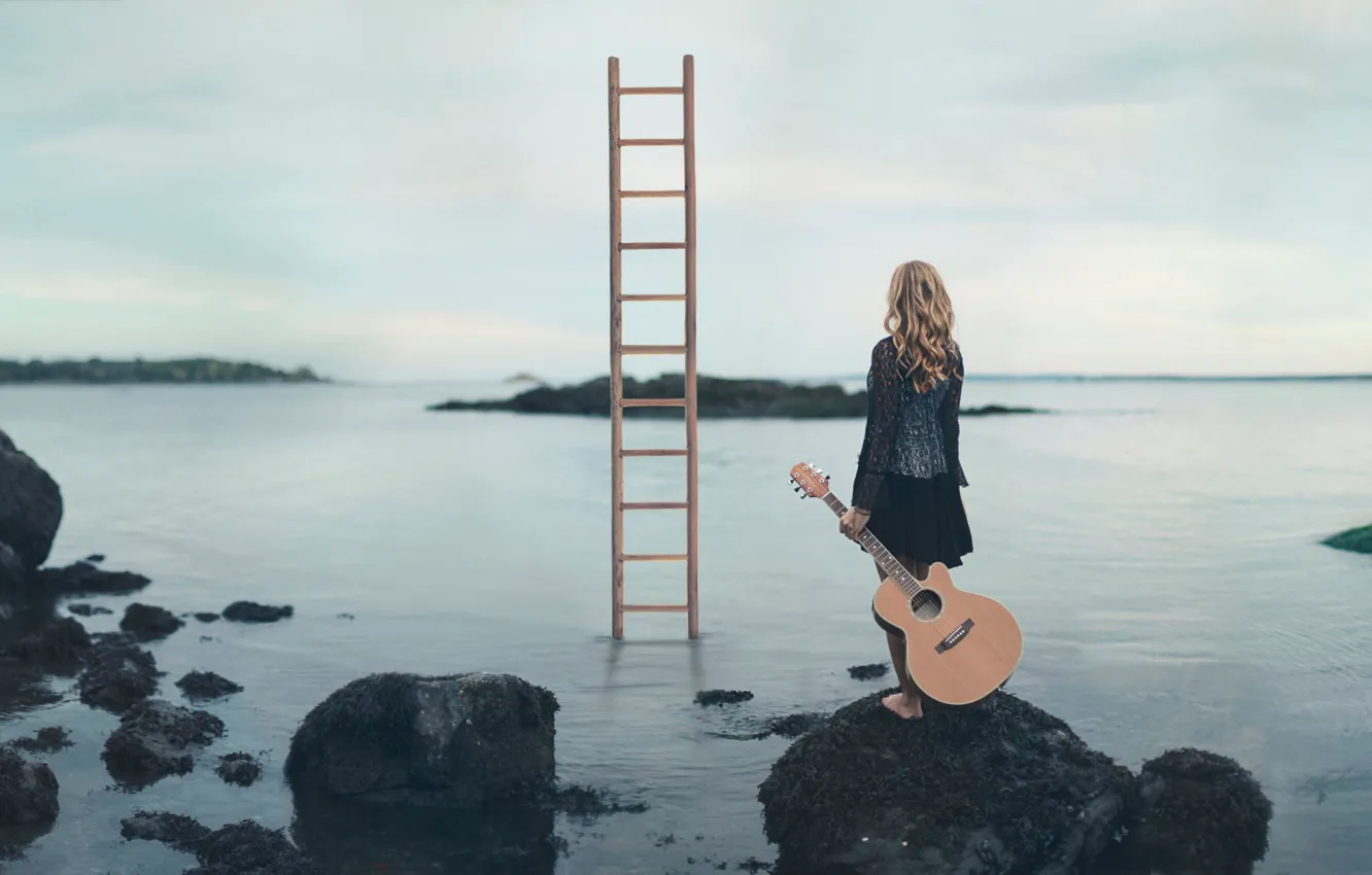 Photo wallpaper girl, stones, shore, guitar, ladder, Escape Route