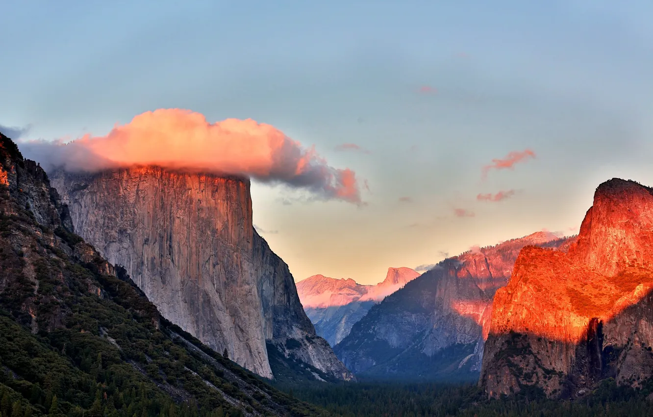 Photo wallpaper forest, the sky, clouds, trees, mountains, USA, Yosemite national Park, Yosemite National Park
