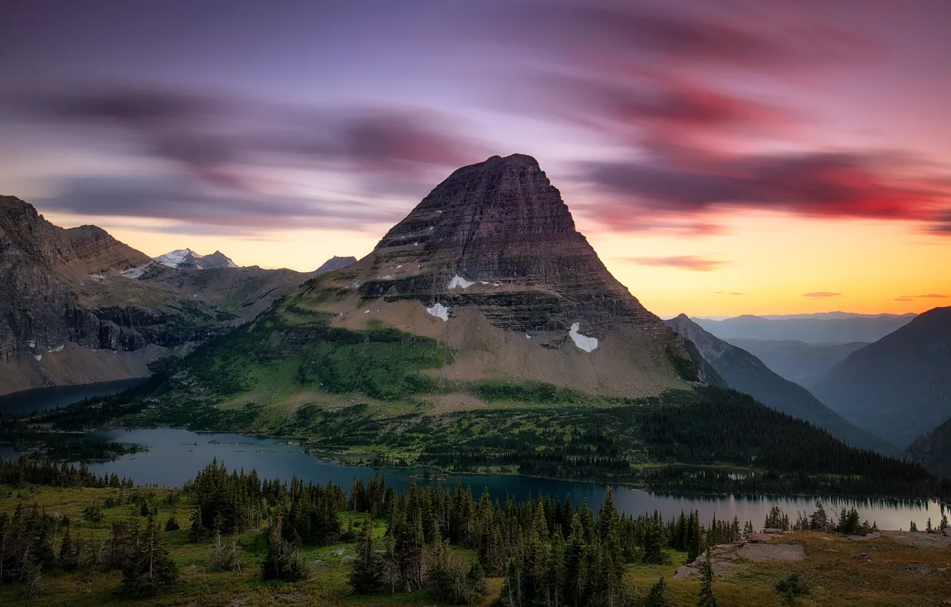 Photo wallpaper forest, clouds, mountains, river, shore, the evening, pond