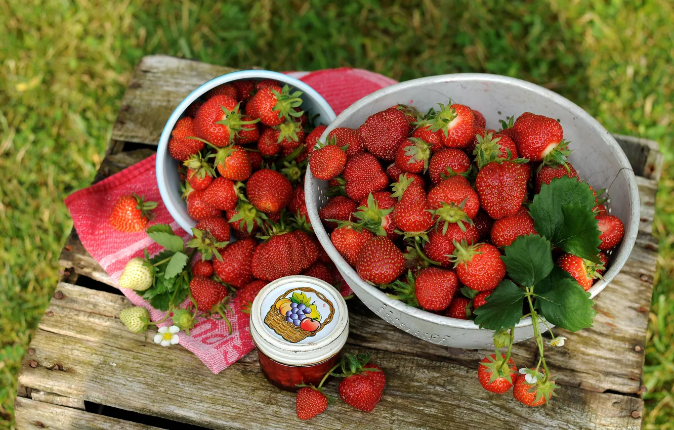 Photo wallpaper summer, grass, berries, mood, towel, harvest, strawberry, bowl