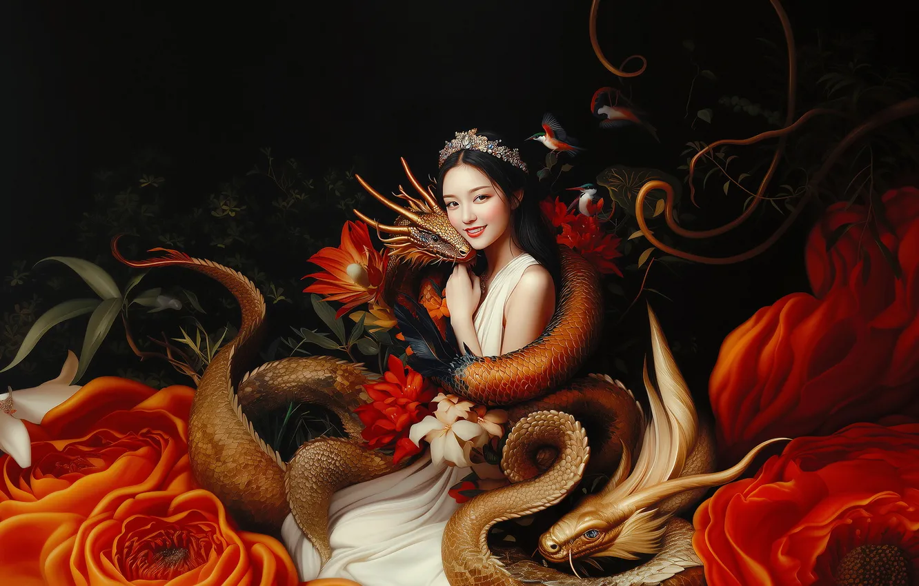 Photo wallpaper girl, dragon, snake, Asian, AI art, neural network