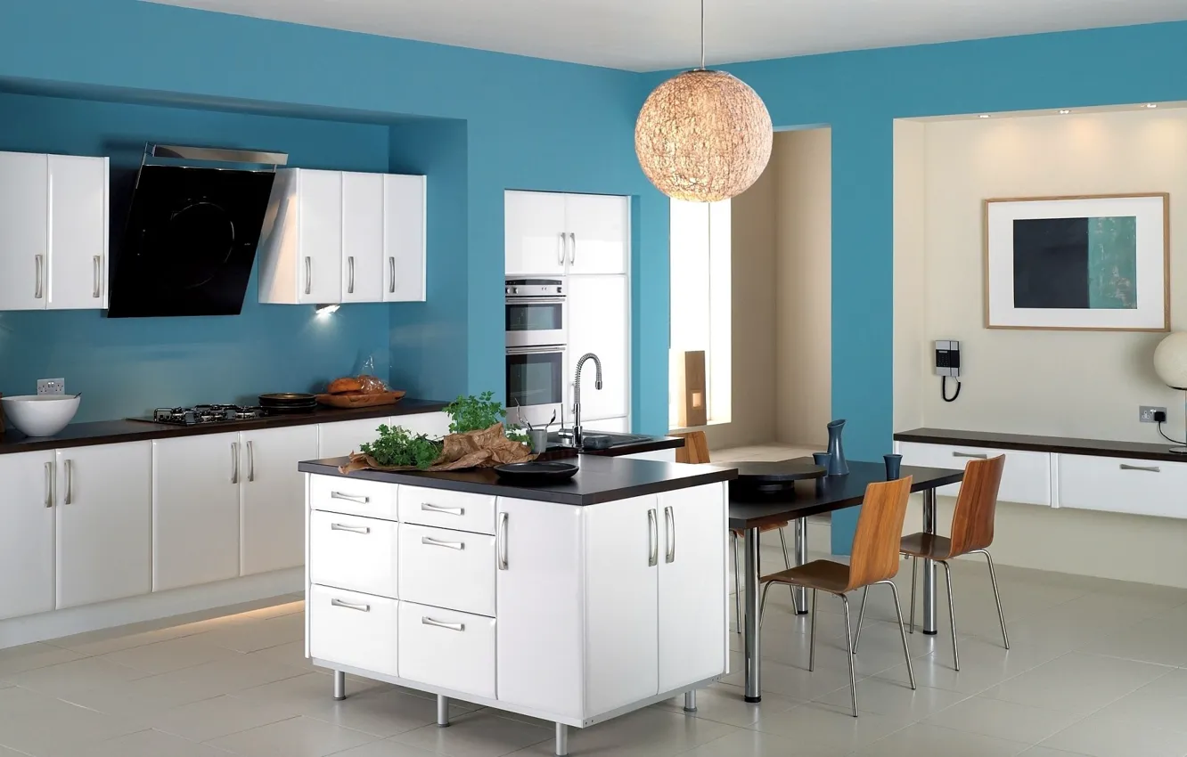 Photo wallpaper design, blue, chairs, interior, refrigerator, kitchen, plate, chandelier