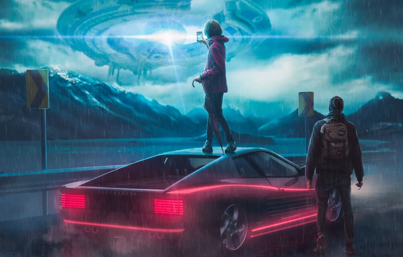 Photo wallpaper machine, girl, light, people, UFO, alien, guy, two