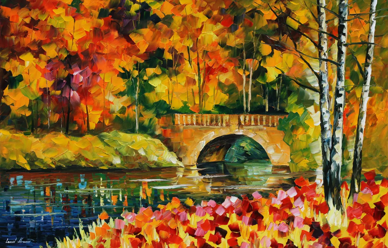 Photo wallpaper autumn, leaves, water, trees, bridge, river, painting, Leonid Afremov