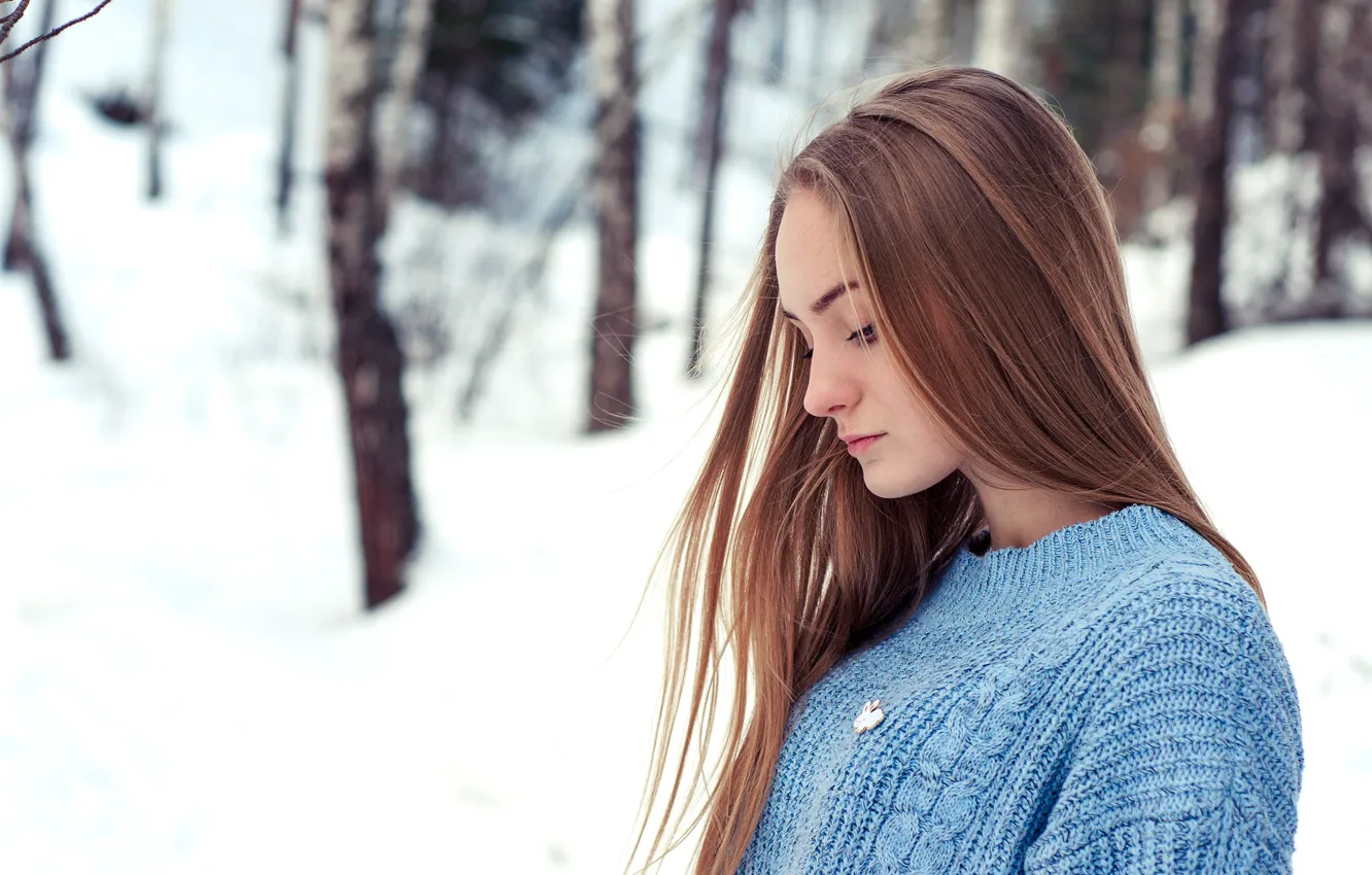 Photo wallpaper girl, Model, long hair, trees, photo, winter, snow, lips