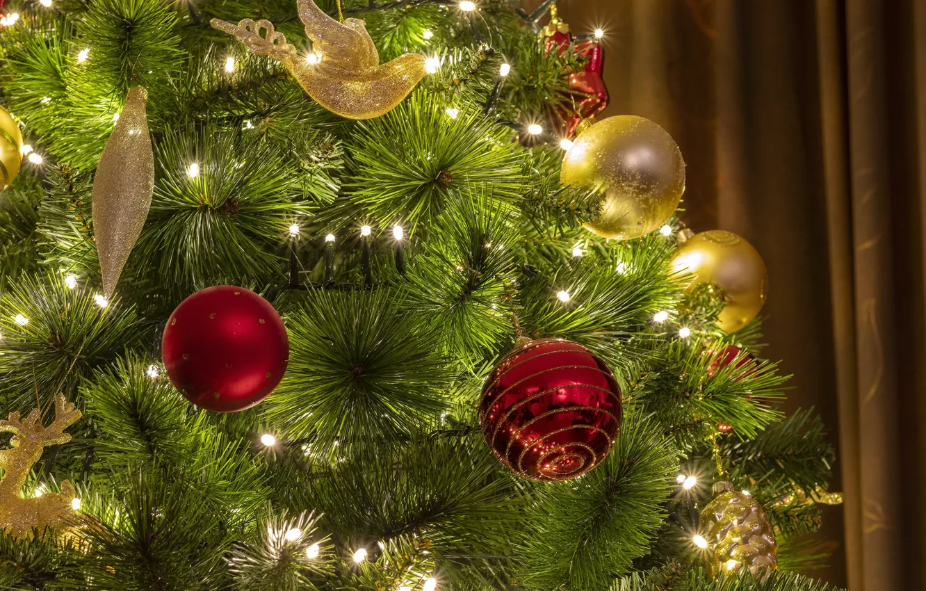 Photo wallpaper winter, balls, branches, lights, comfort, holiday, balls, new year