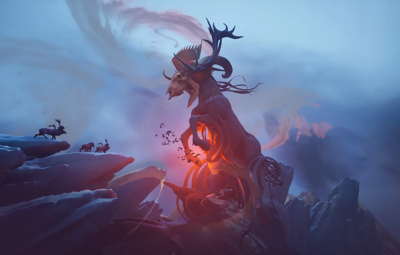 Photo wallpaper landscape, mountains, rocks, magic, spirit, deer, skeleton, horns