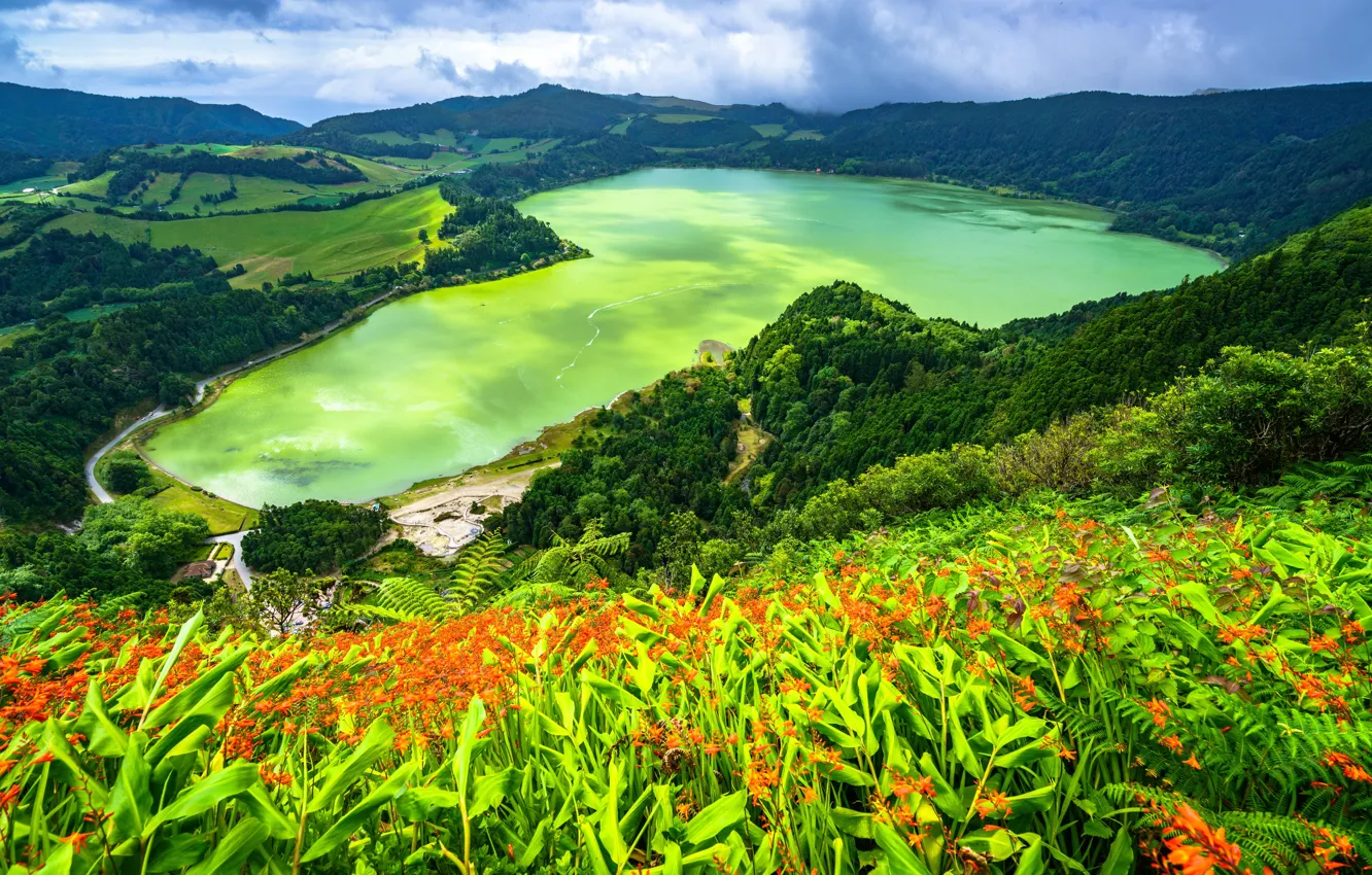 Photo wallpaper mountains, lake, Portugal, Azores, Furnas Lake