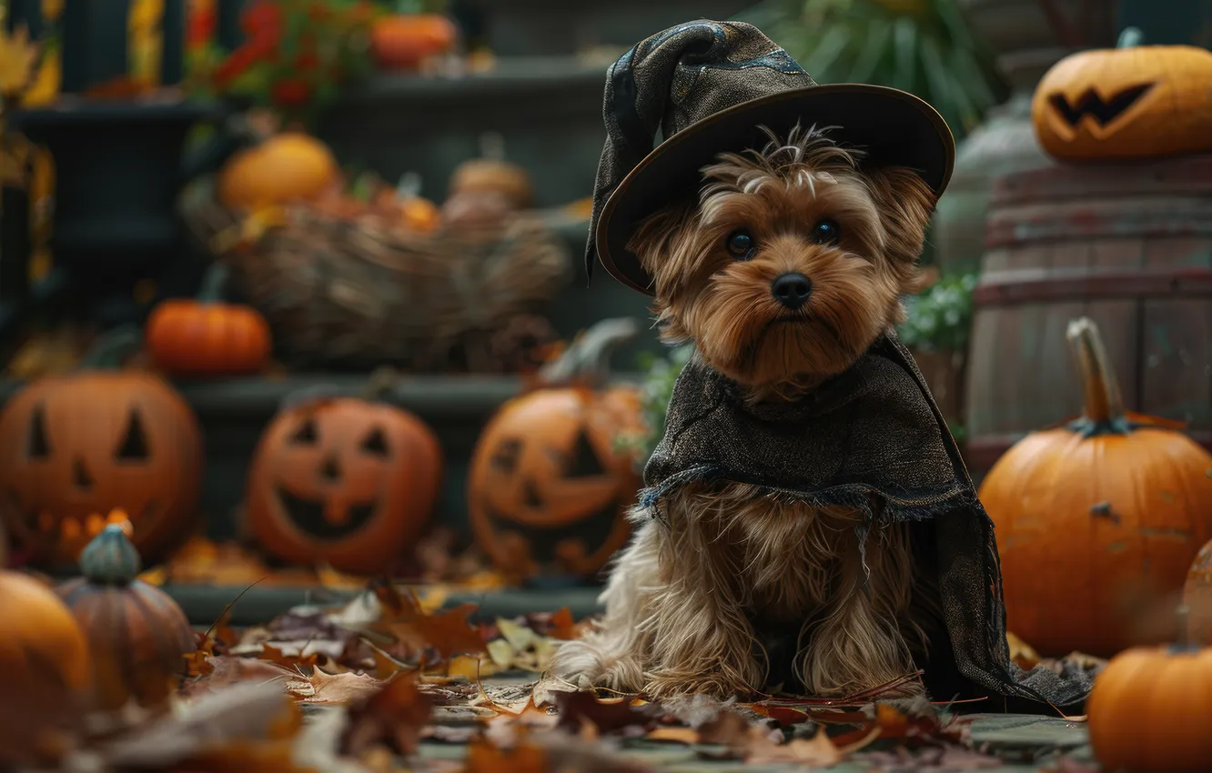 Photo wallpaper Halloween, neural network, dog, pose, look, holiday, AI art, outfit