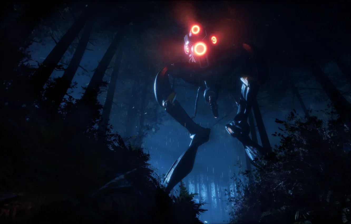 Photo wallpaper forest, trees, rain, robot, cyborg